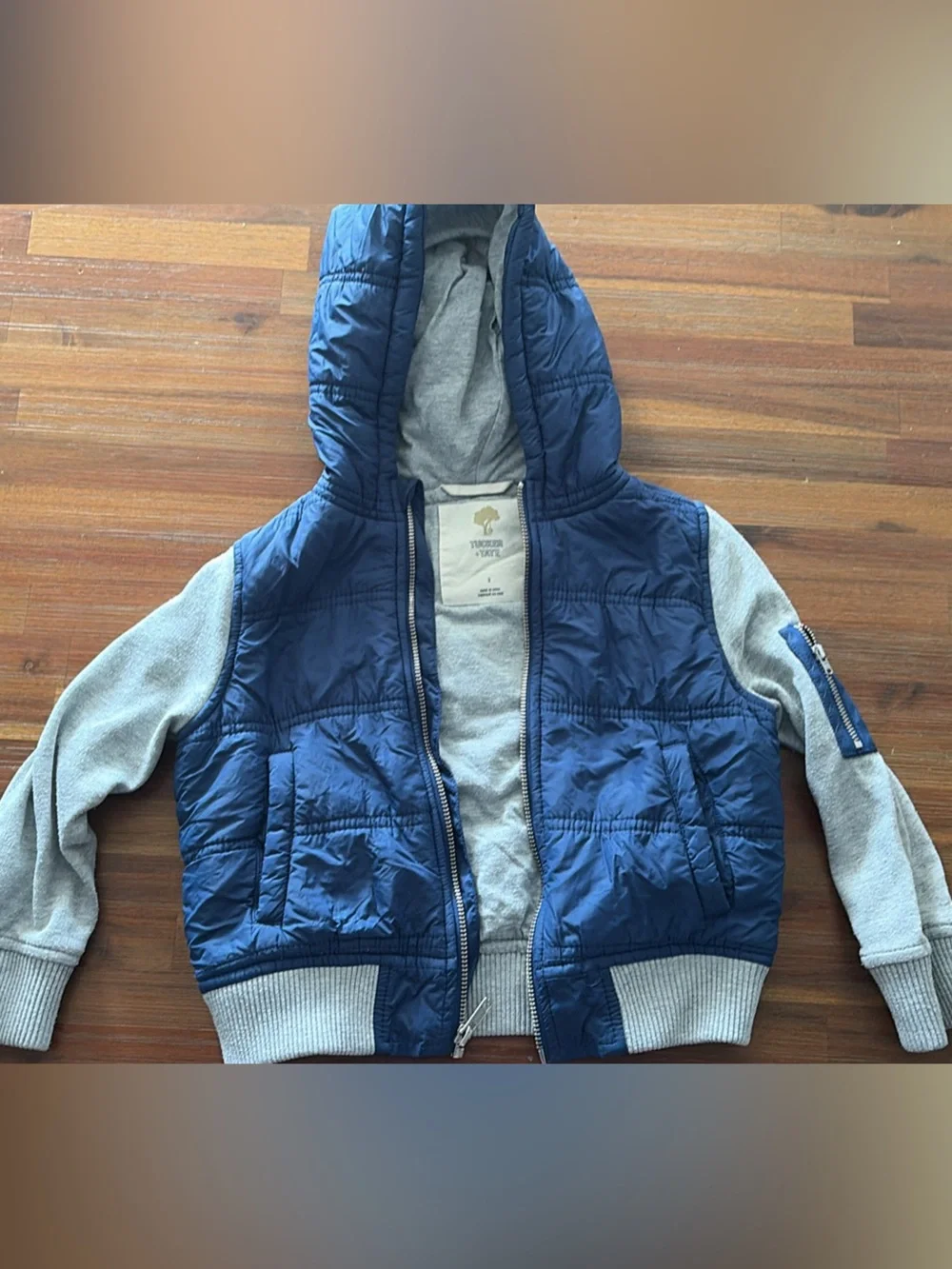 Tucker + Tate Navy Quilted Hooded Bomber with Gray Knit Sleeves